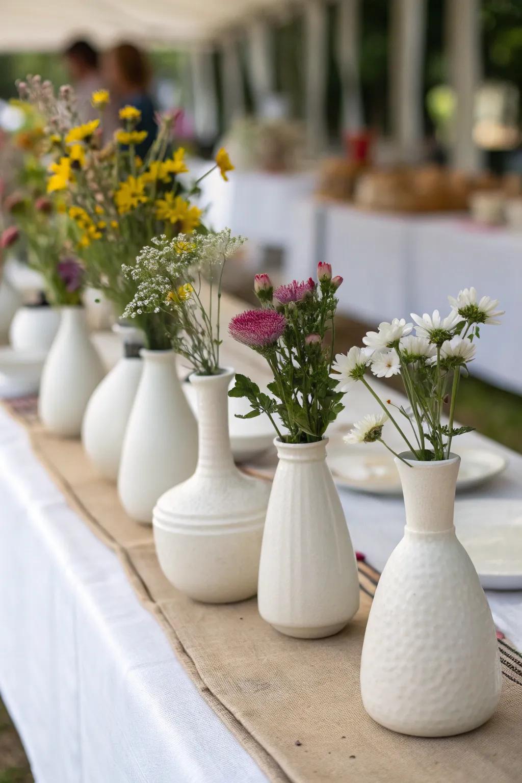 Chalky ceramic containers present a modern touch to centerpieces.