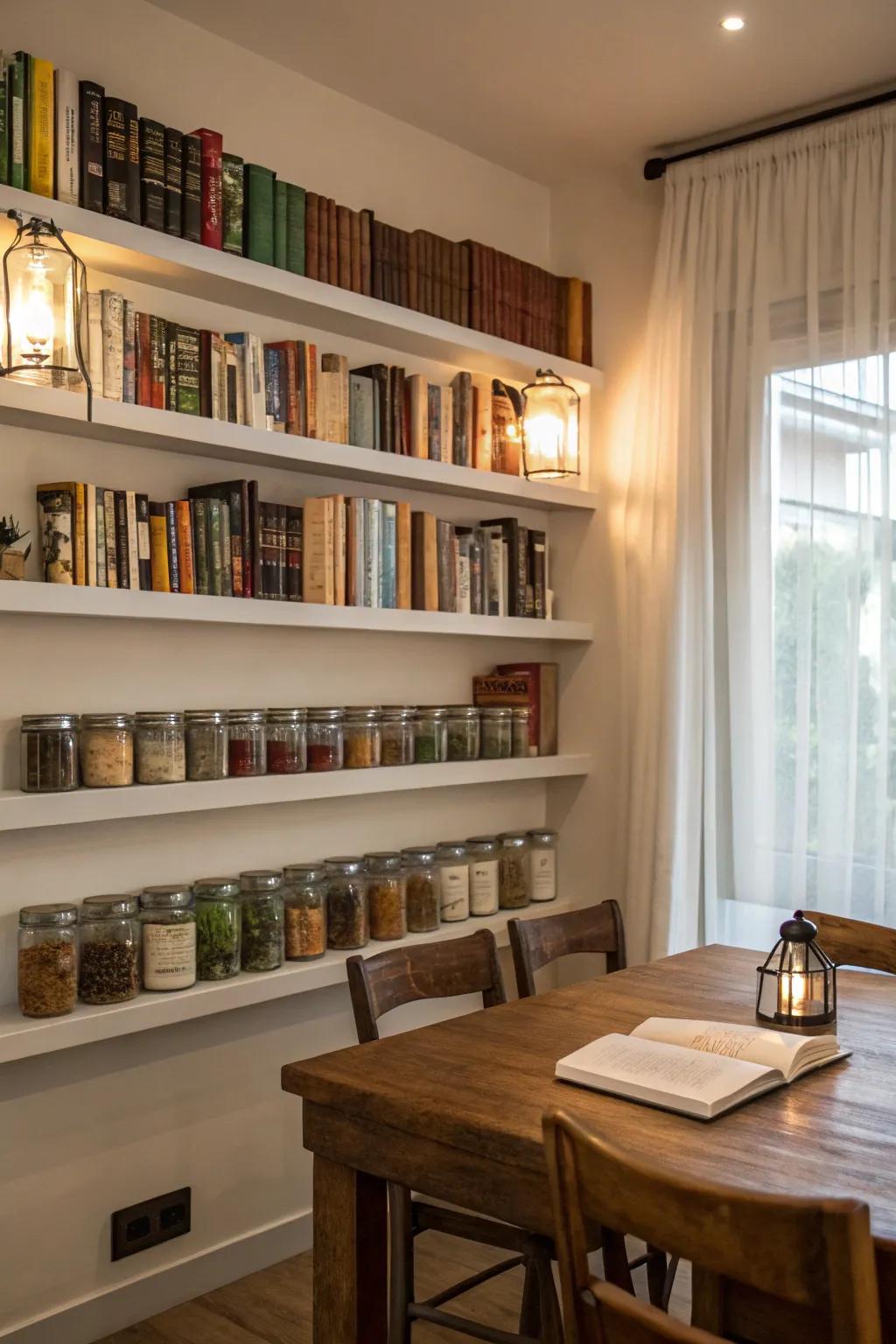 Wall-affixed shelves conserve floor area while offering ample storage.