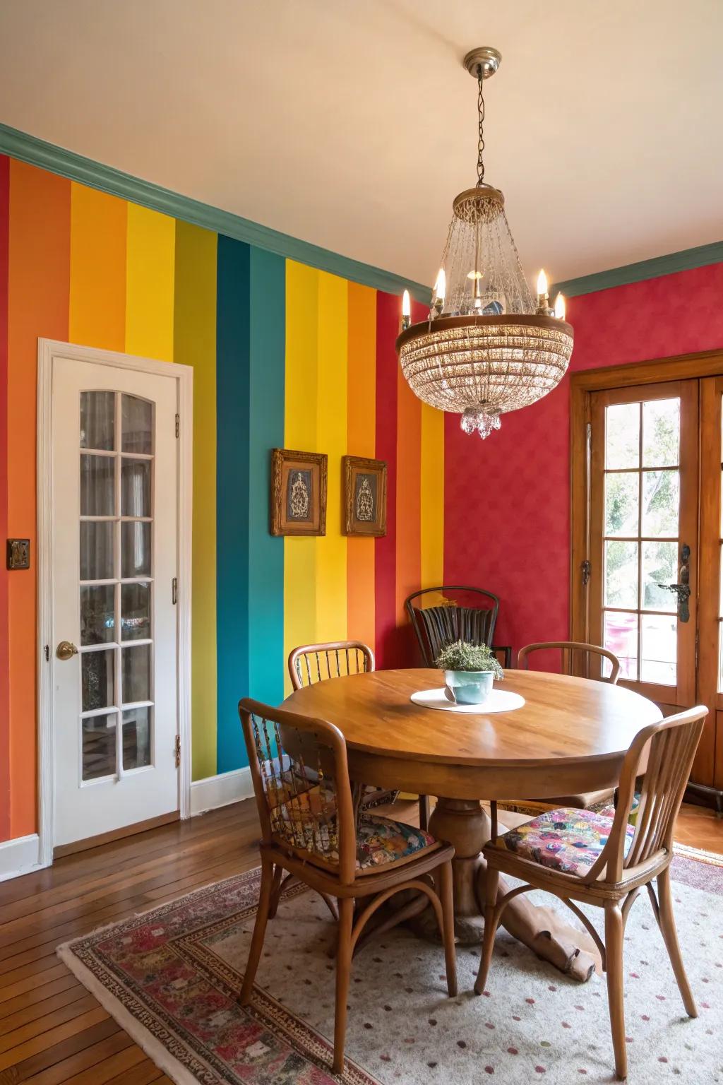 A vibrant color palette enlivens the dining room.