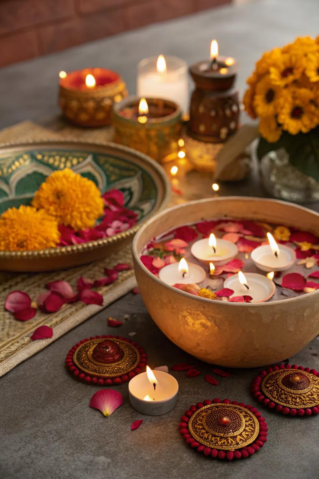 Floating candle vessels with petals create a mesmerizing effect on the Diwali table.