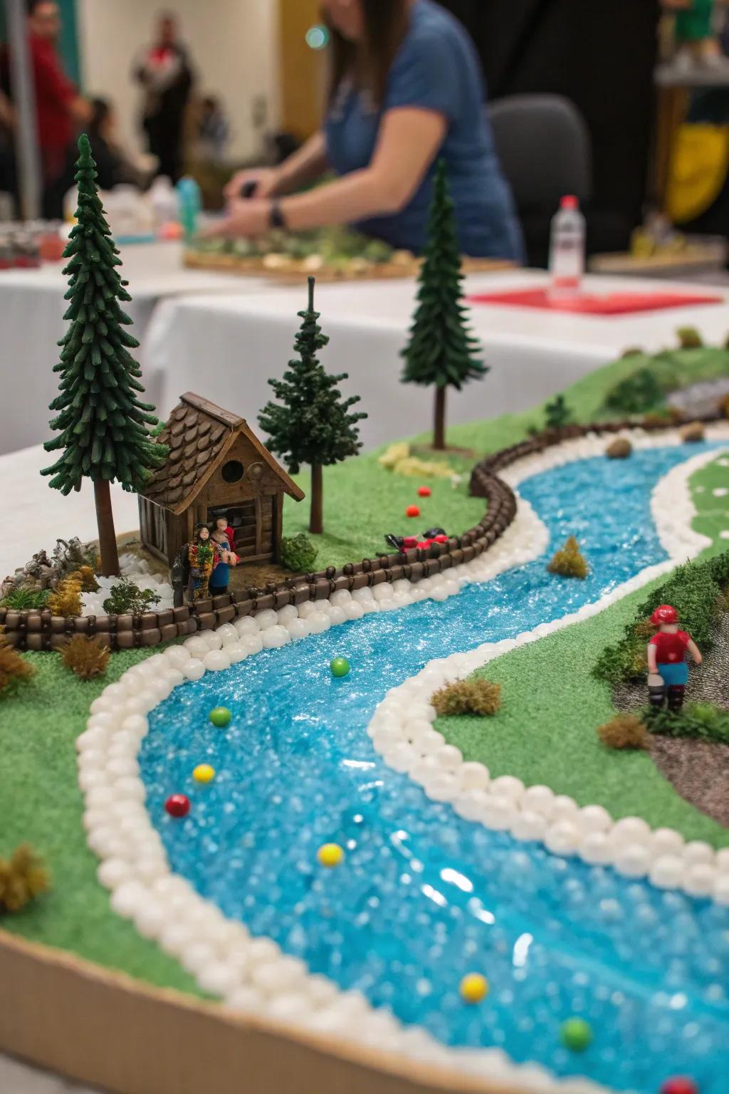 A shimmering brook fashioned from hydration orbs flows through the Golu display.