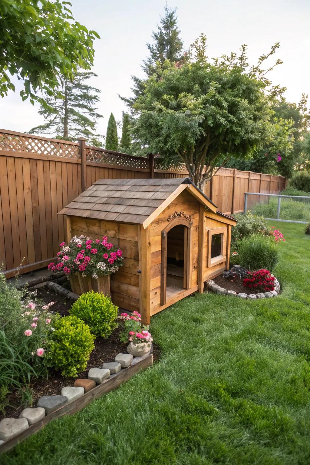 A cozy and economical dog house made of recovered wood.