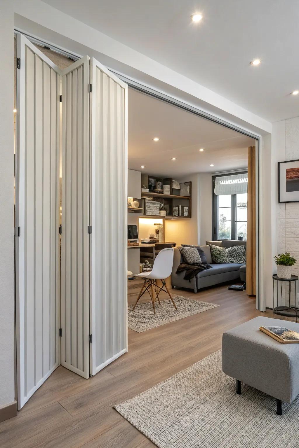 Accordion doors offer versatile partitioning solutions in this adaptable studio apartment.