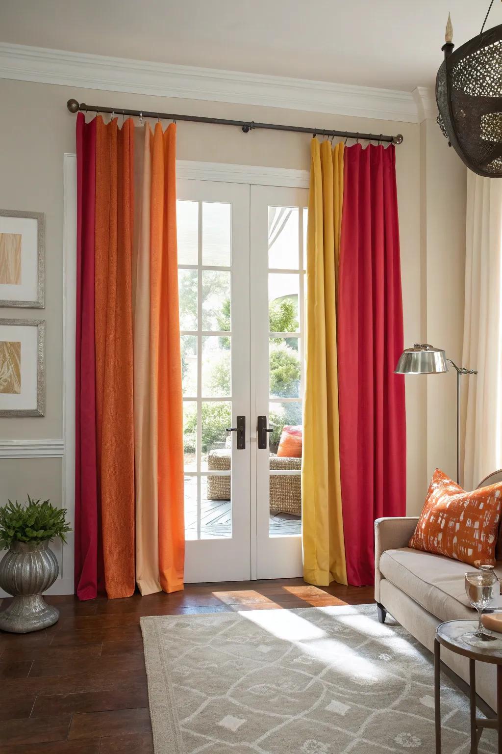 Establish a focal point with bold-colored curtains.