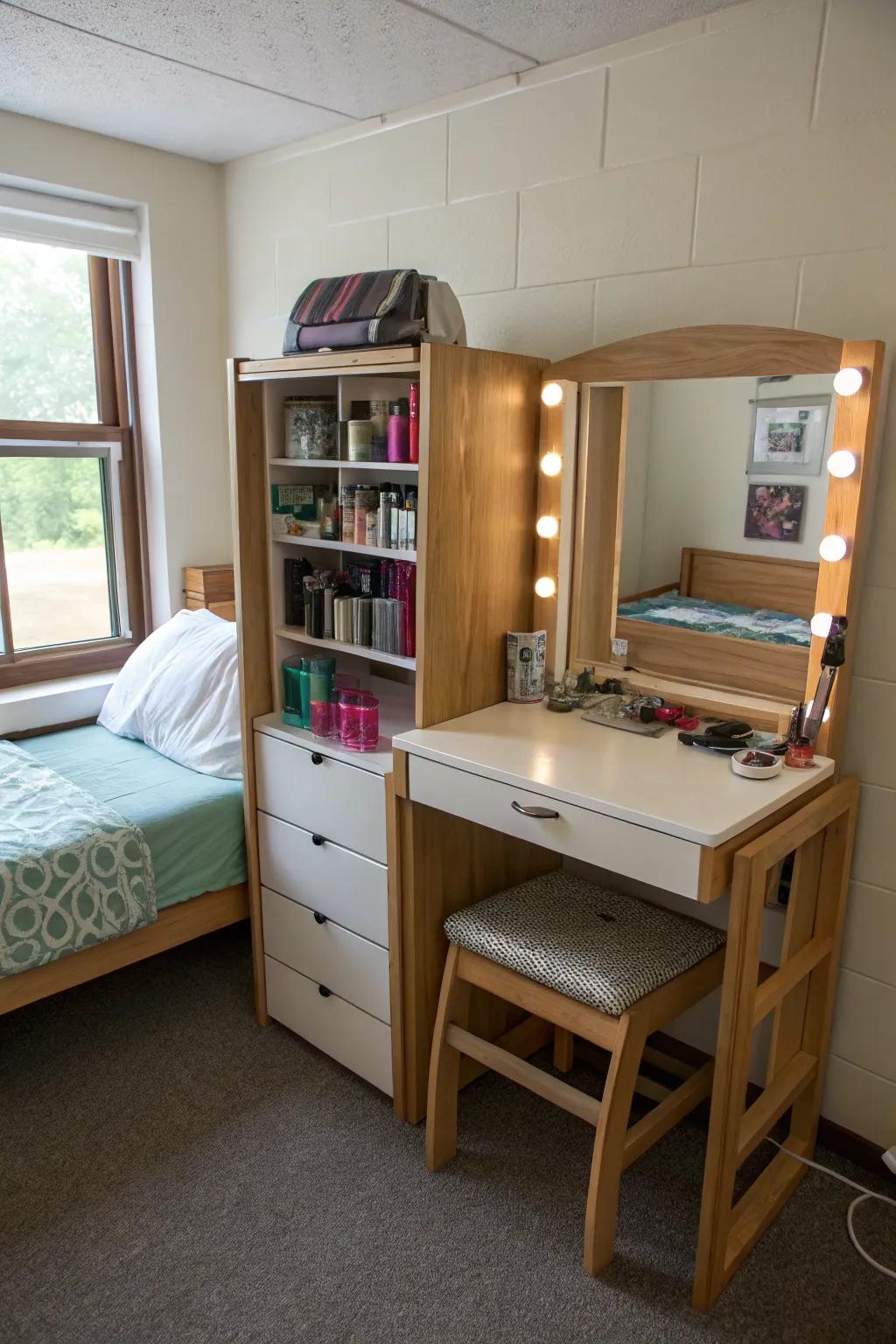 Functional furniture maximizes dorm room space.