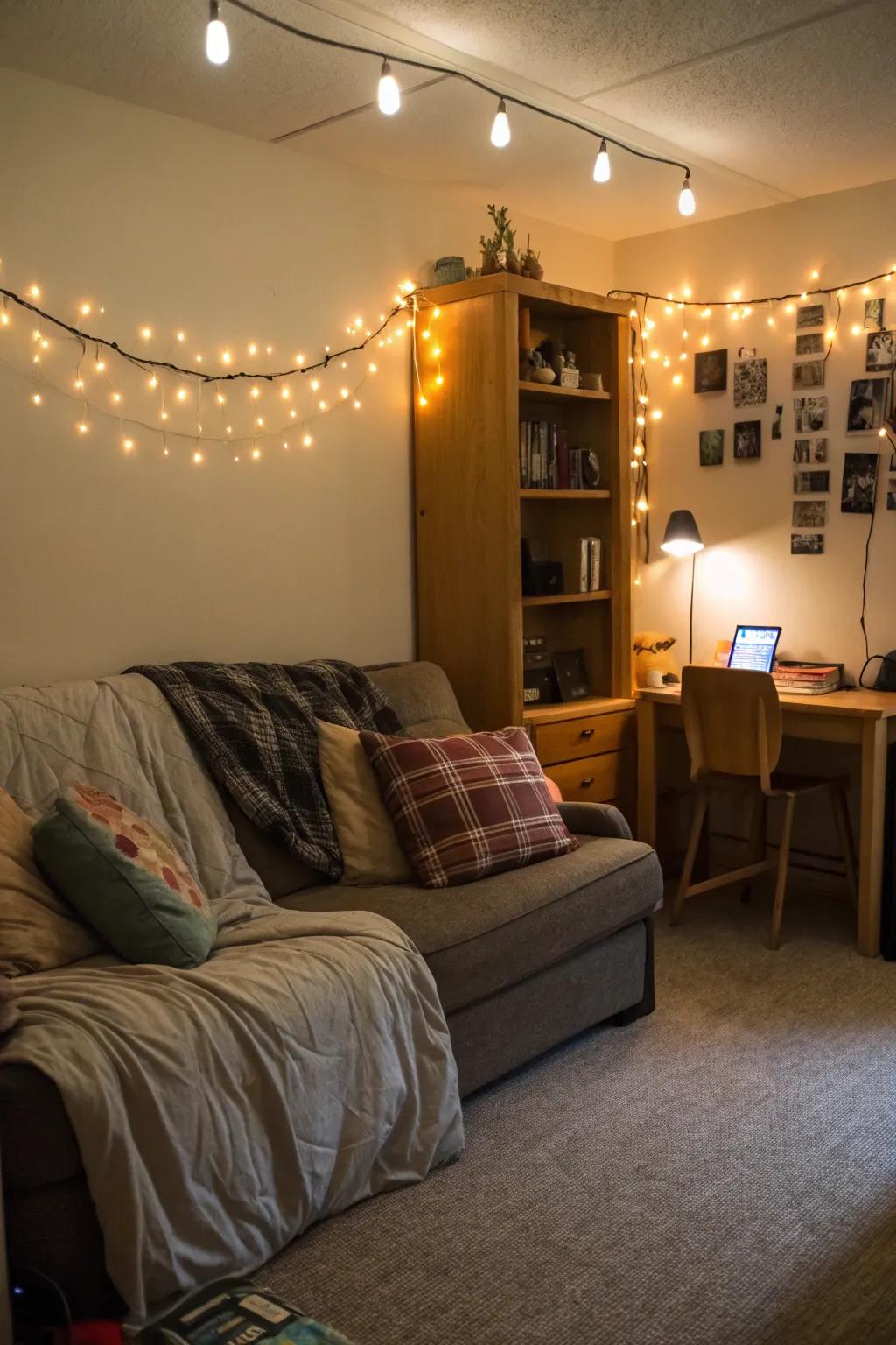 Gentle lighting improves the ambiance around this dorm room sofa.
