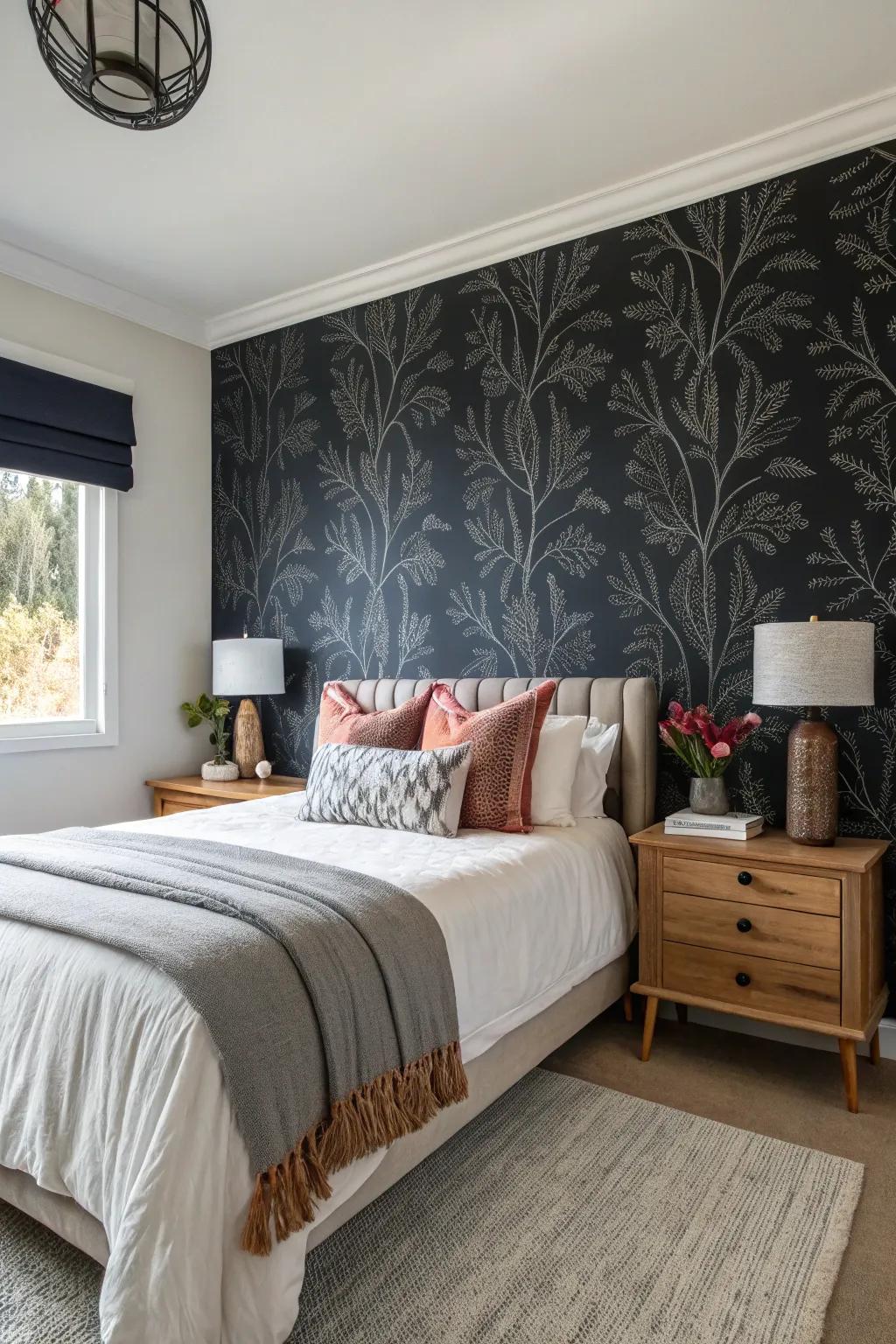 A feature wall showcasing bold wallpaper introduces an eye-catching centerpiece.