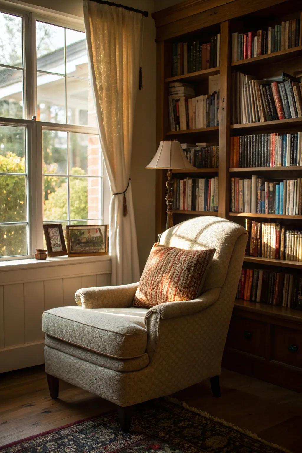 A cozy reading space featuring a comfortable chair and bookshelves.