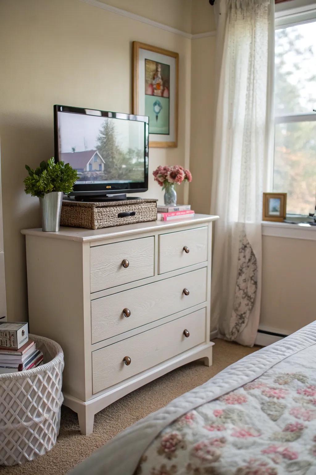 A dresser used as a base for a TV, integrating technology with style in a small bedroom.