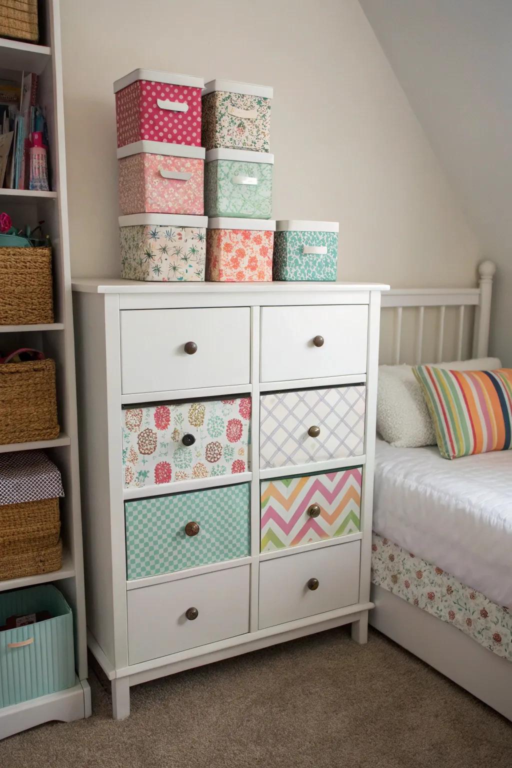 Stylish storage retains your dresser neatly organized.