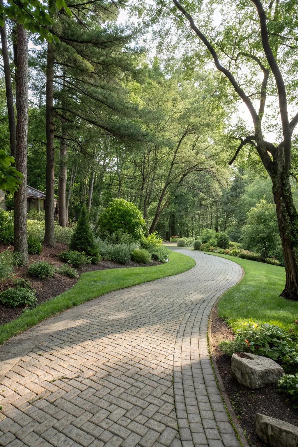 Depth and dimension with surfaces with textured pavers in a natural setting.