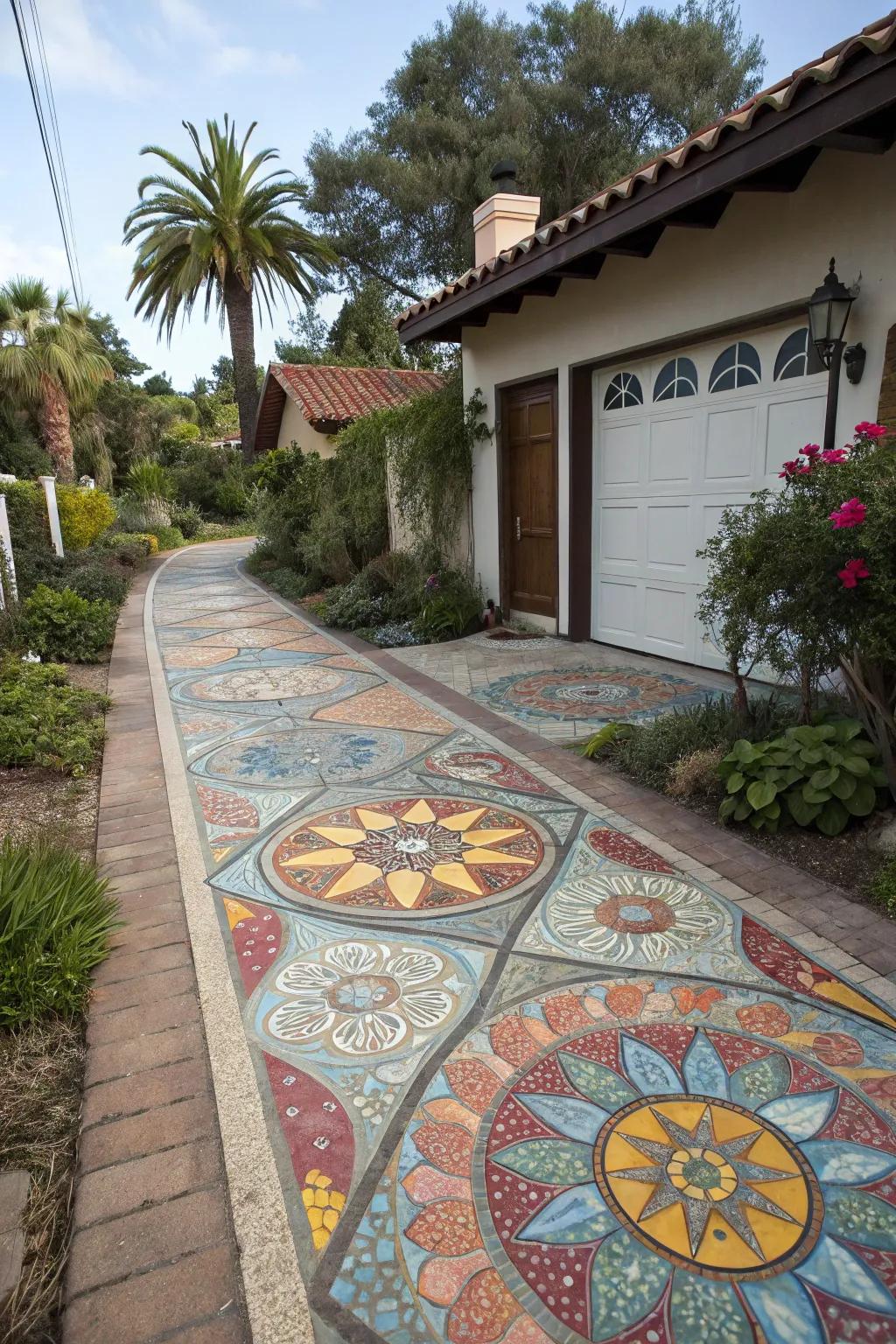 Artistic mosaic tiles transform your driveway into a masterpiece.