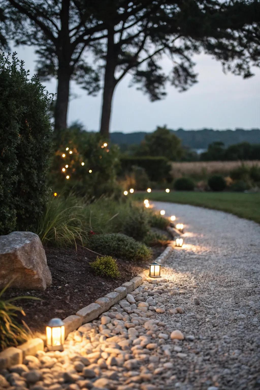 A gravel route exquisitely highlighted through solar lights.
