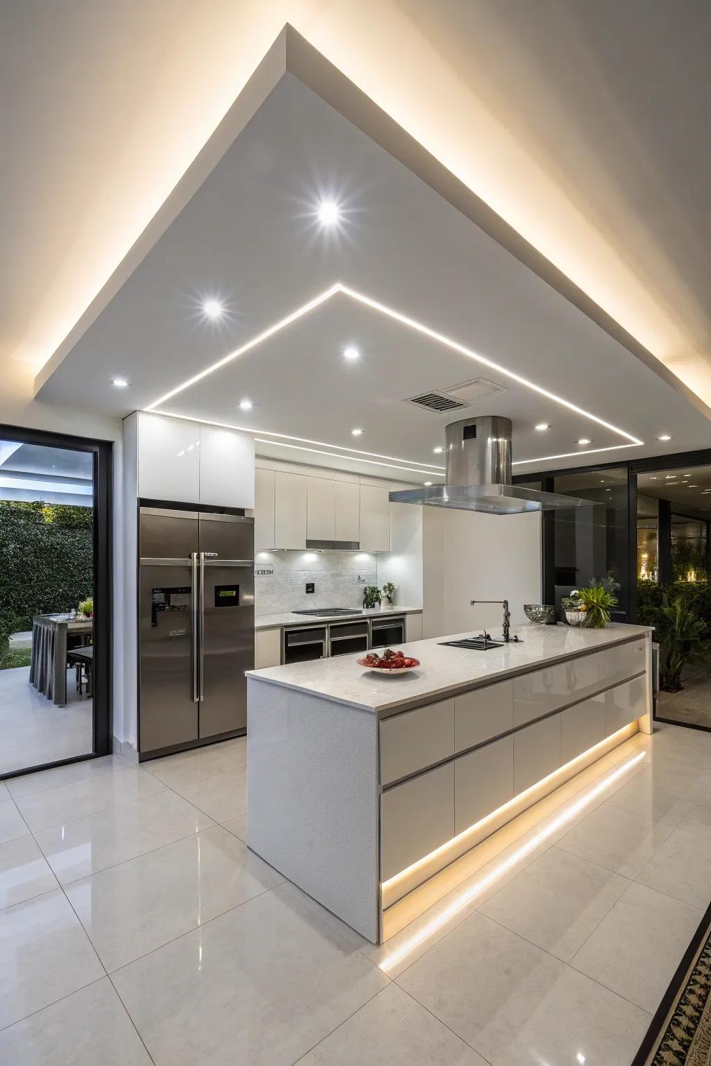 Smoothly integrated illumination for a modern cooking area.