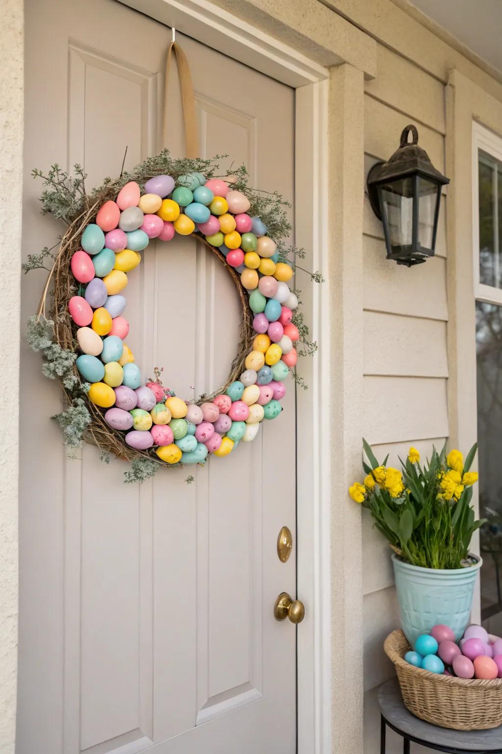 A radiant egg adornment conveys lively Easter cheer to the facade.
