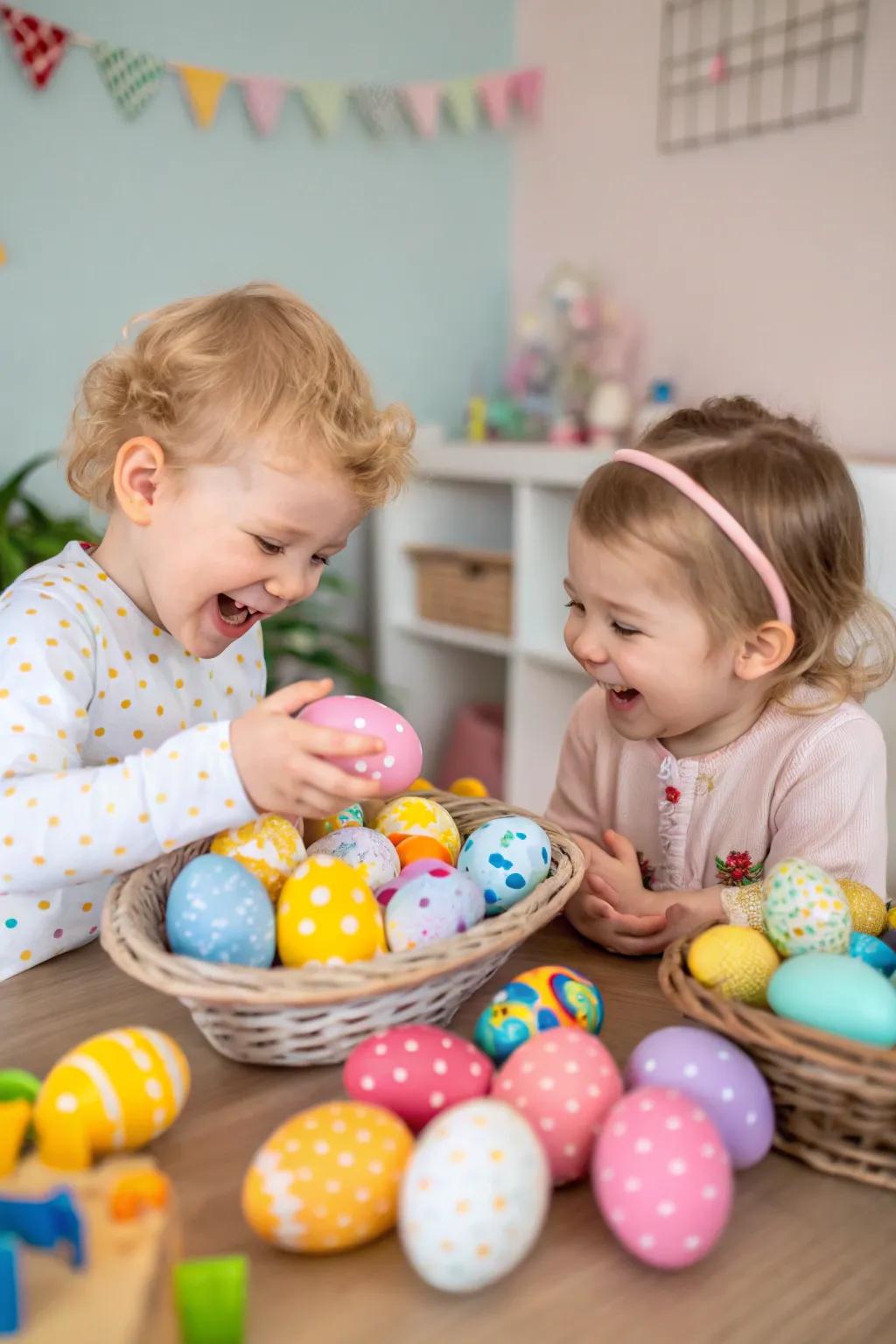 A table of colorful, decorated Easter eggs crafted by toddlers.