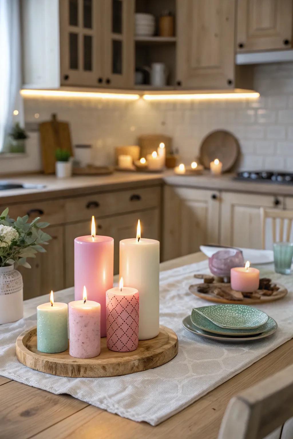 Soft candles foster a warm and inviting ambiance in the kitchen.