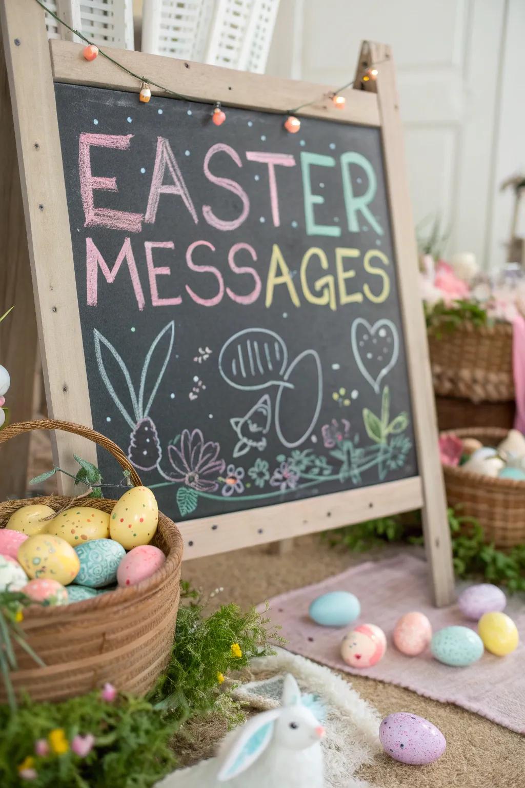 Customized writing board messages inject charm into this Easter picture scene.