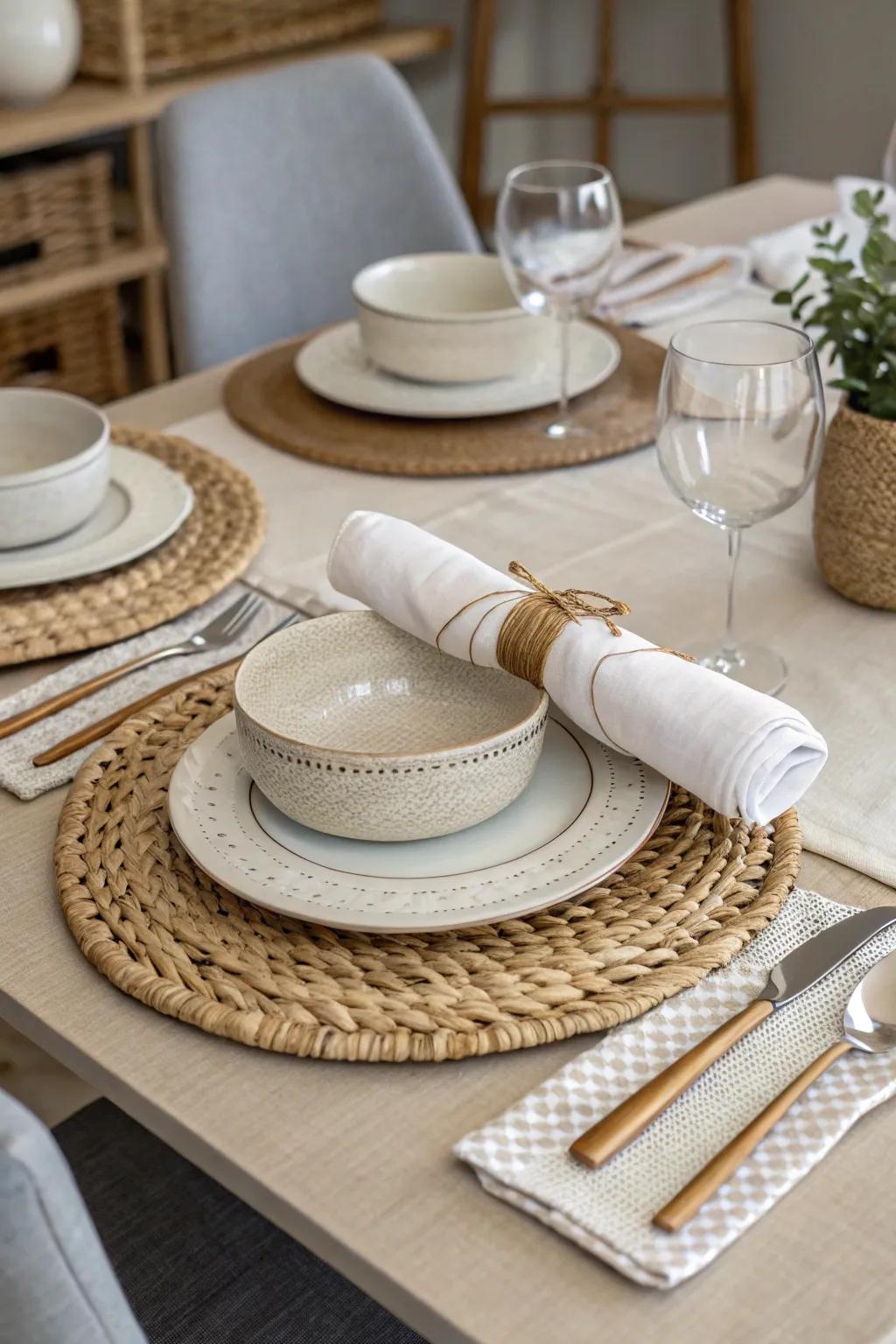 Layered textures bring depth and interest to the Easter table setting.