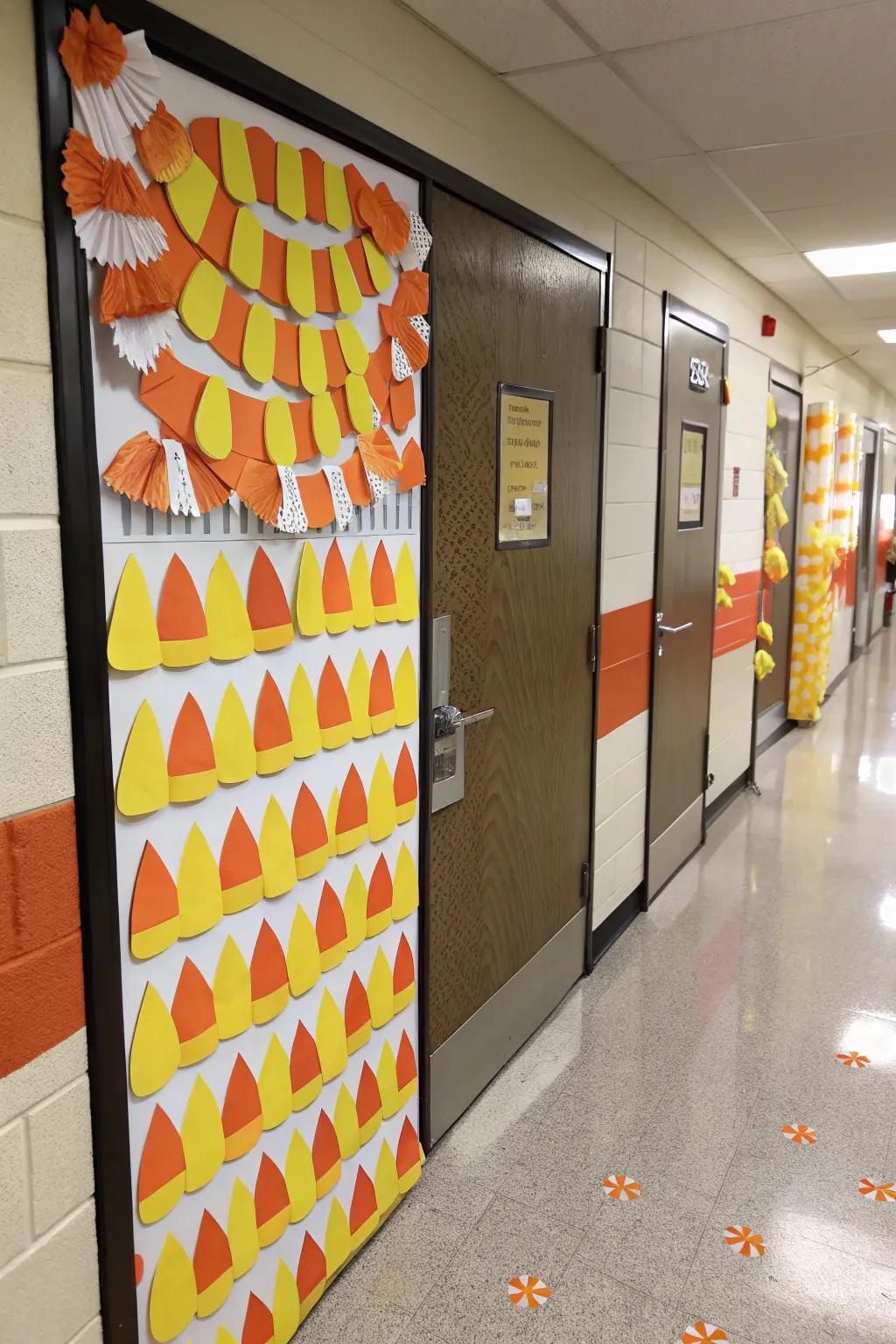 Candy corn adds a sweet touch to fall door decor.