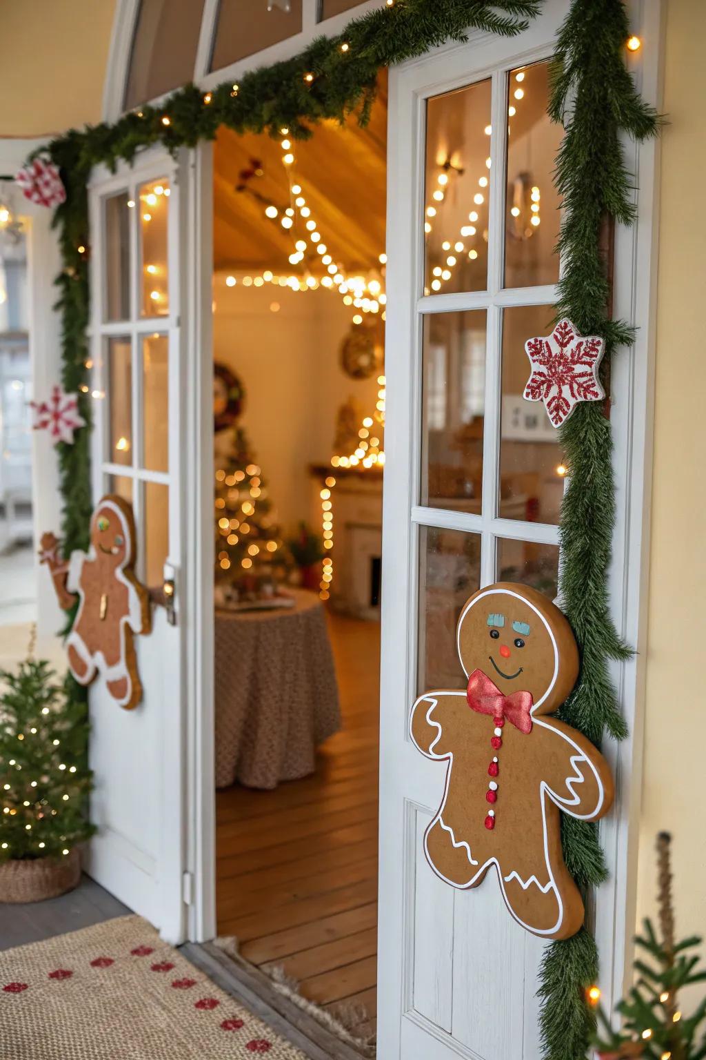 Gingerbread characters infuse a playful character to the entrance.
