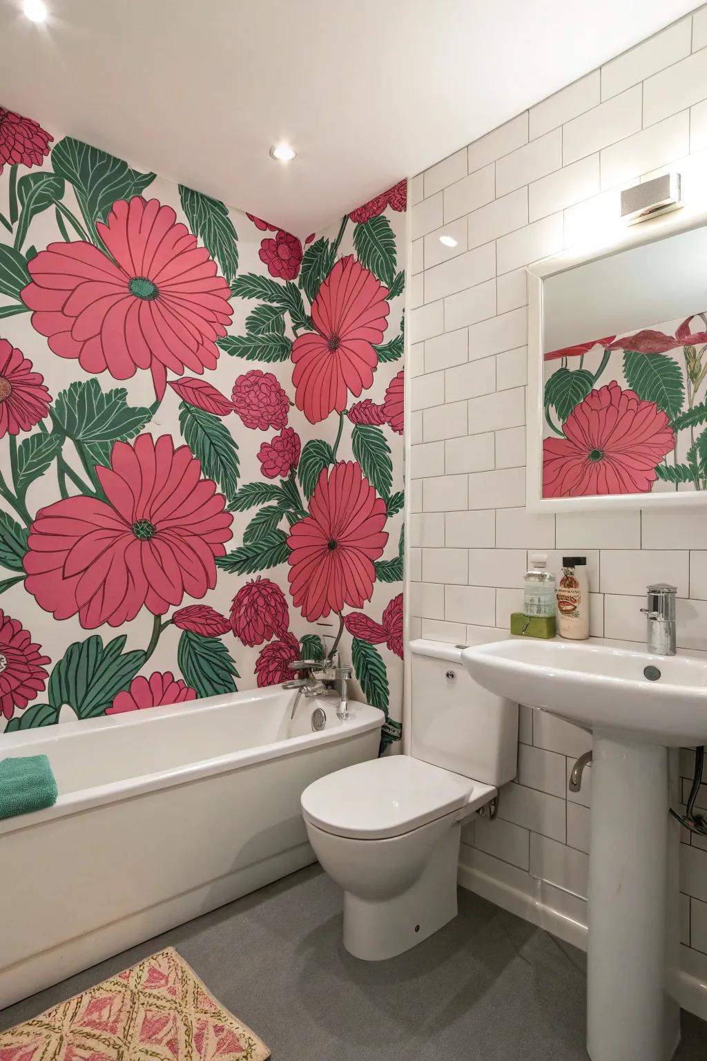 A bathroom showcasing bold floral wallpaper for added drama.