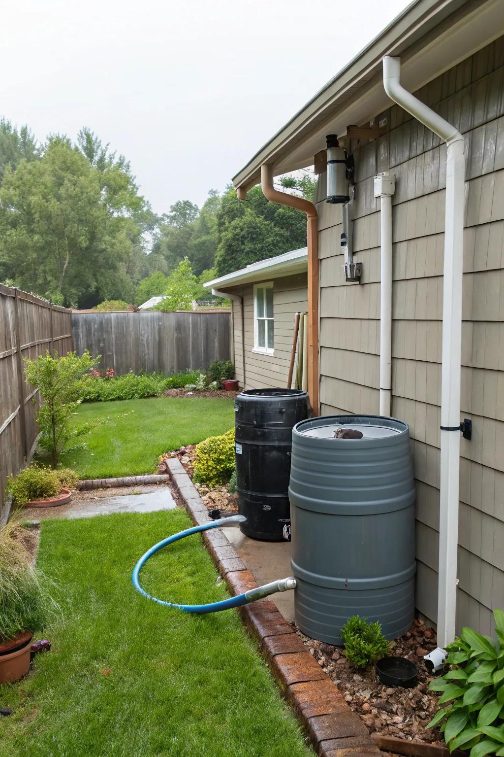 A backyard shows a practical rainwater system featuring rain barrels.