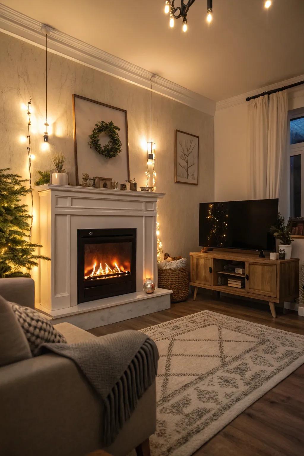 Ambient lighting amplifying the fireplace's warmth.