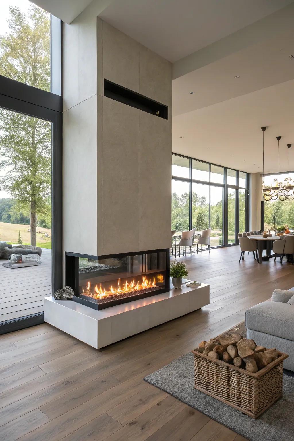 An electric fireplace serving as a room separator in a spacious open-plan living area.