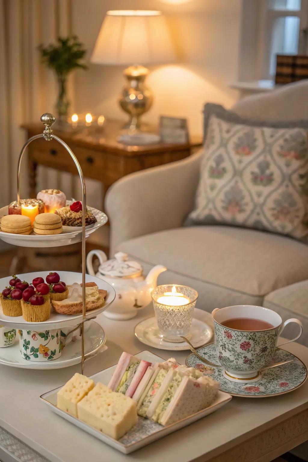 Elegant tea party arrangement with china tea sets.