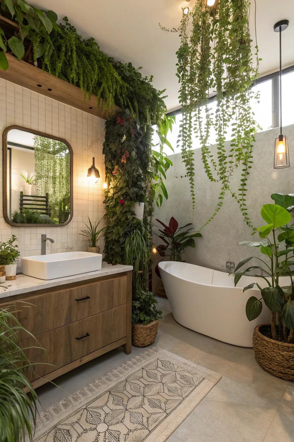 Greenery injects warmth and nature to this elegant bathroom.