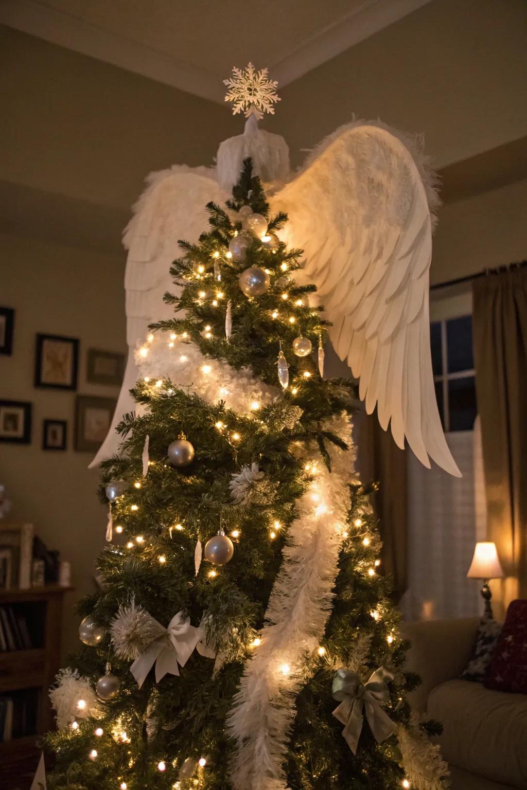 Angel wings convey an ethereal elegance to the tree.