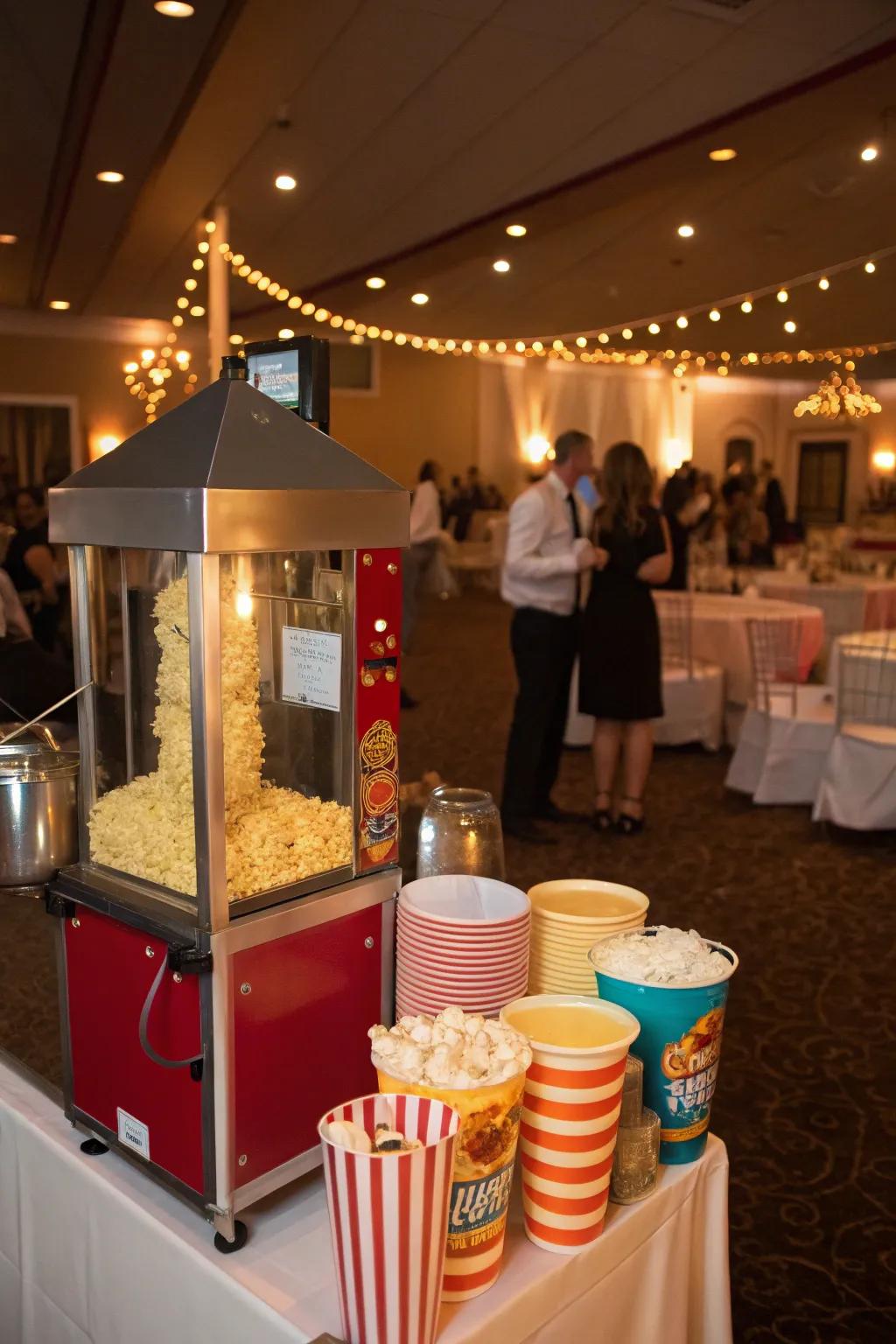 An evening popcorn snack bar, ready to refuel guests during the wedding reception.