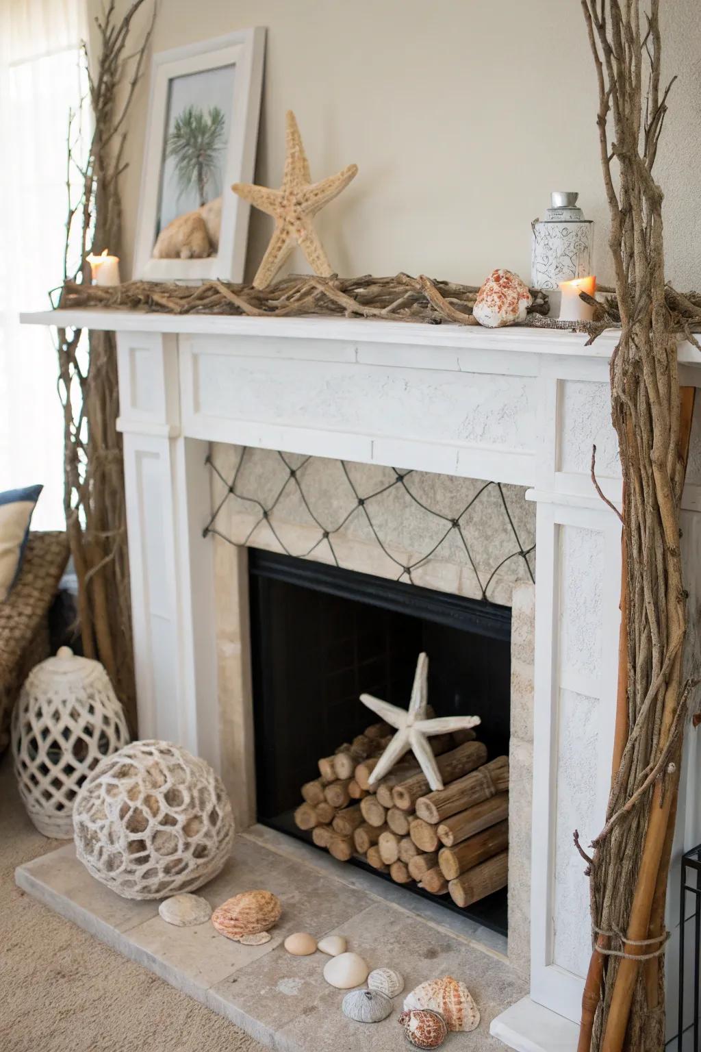 Create a coastal getaway by adding beach-themed decor inside your fireplace.