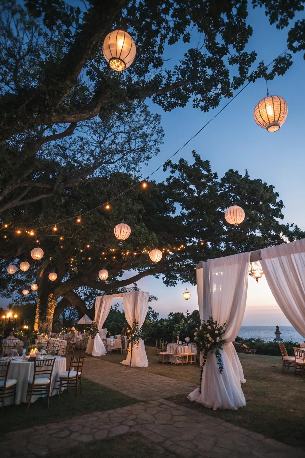 Suspended lamps add a magical shimmer to the night.