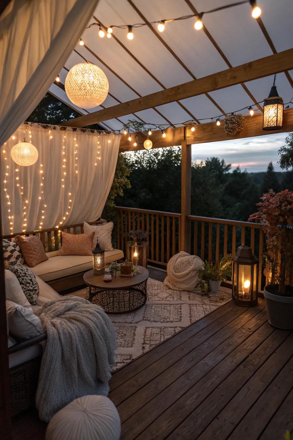 Magical lighting turns this sheltered deck into an enchanting space.