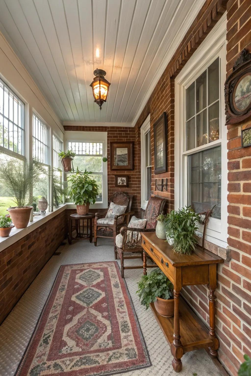 A timeless enclosed porch with classic brick siding.