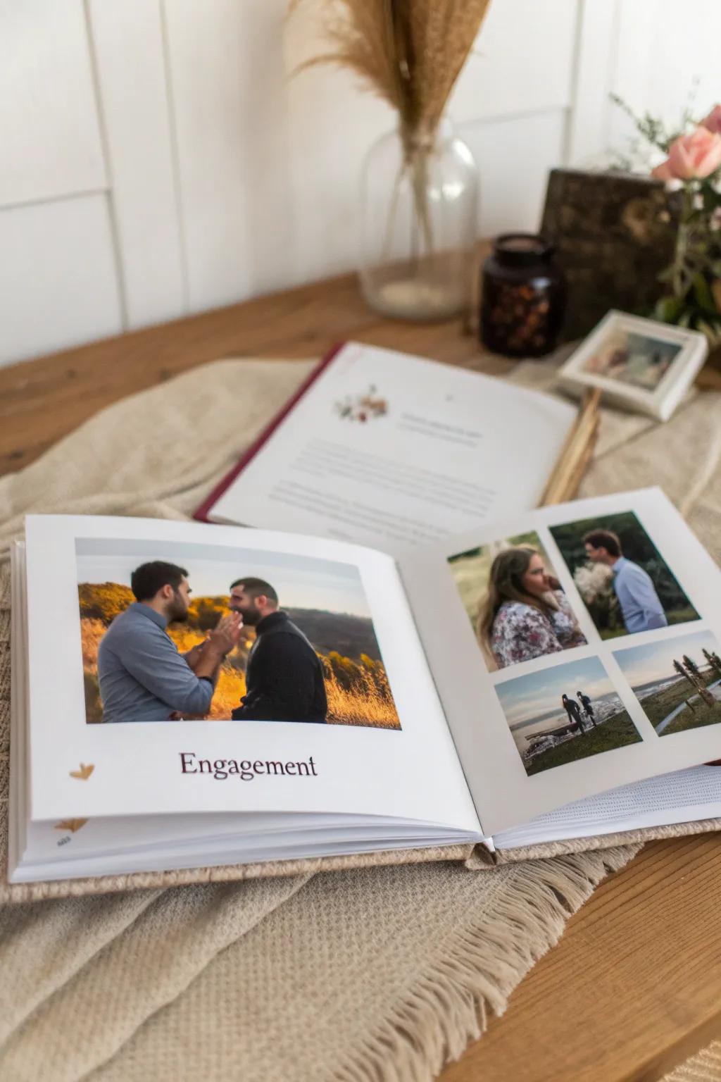 A timeline of love captured in an engagement memory album.