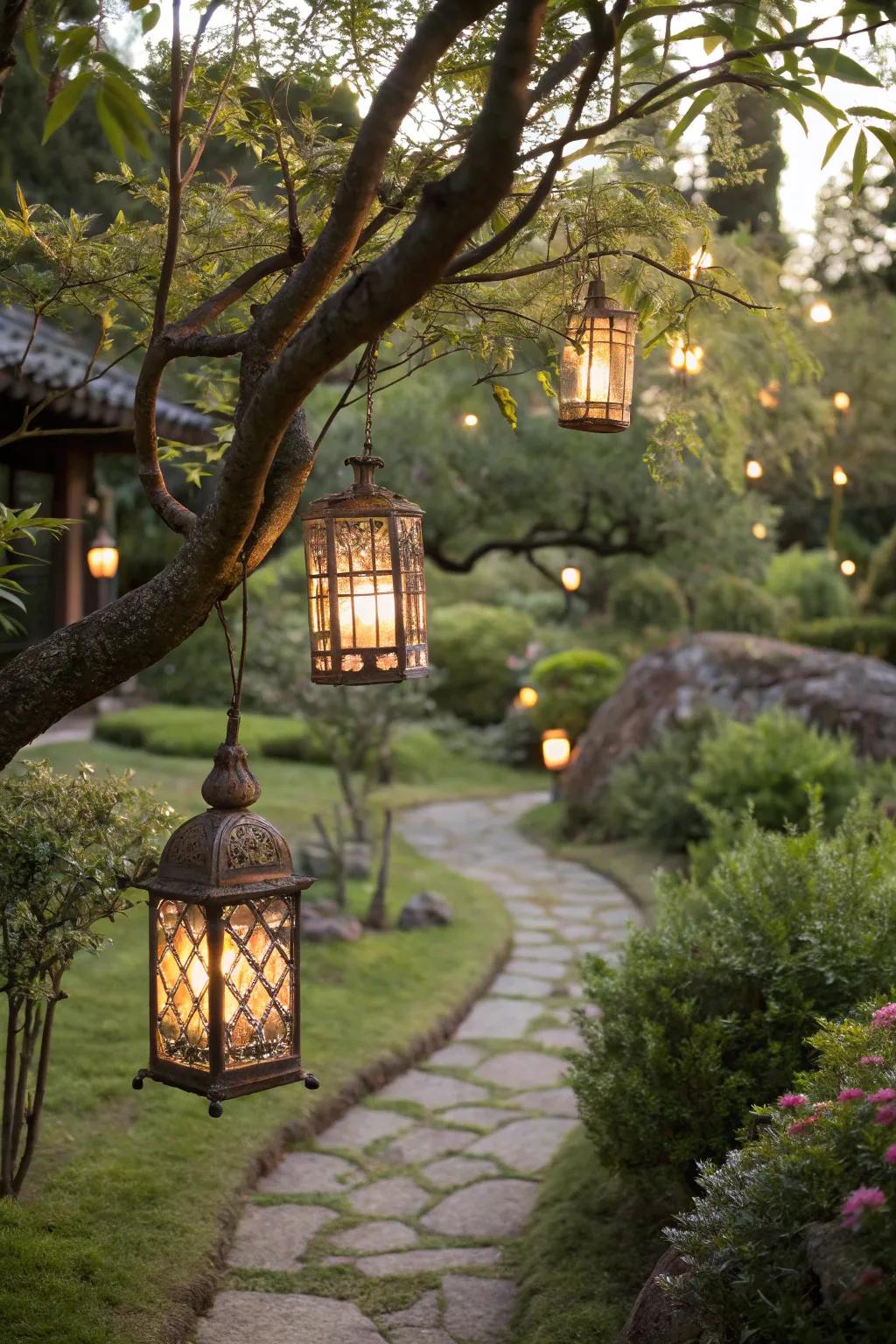 Lights add a magical ambiance to garden evenings.