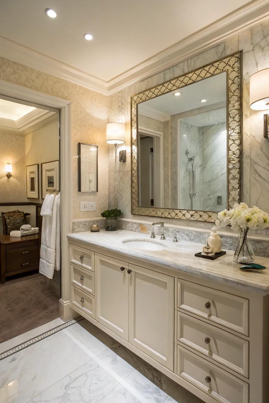 A dressing table area adds an extra layer of opulence and functionality.