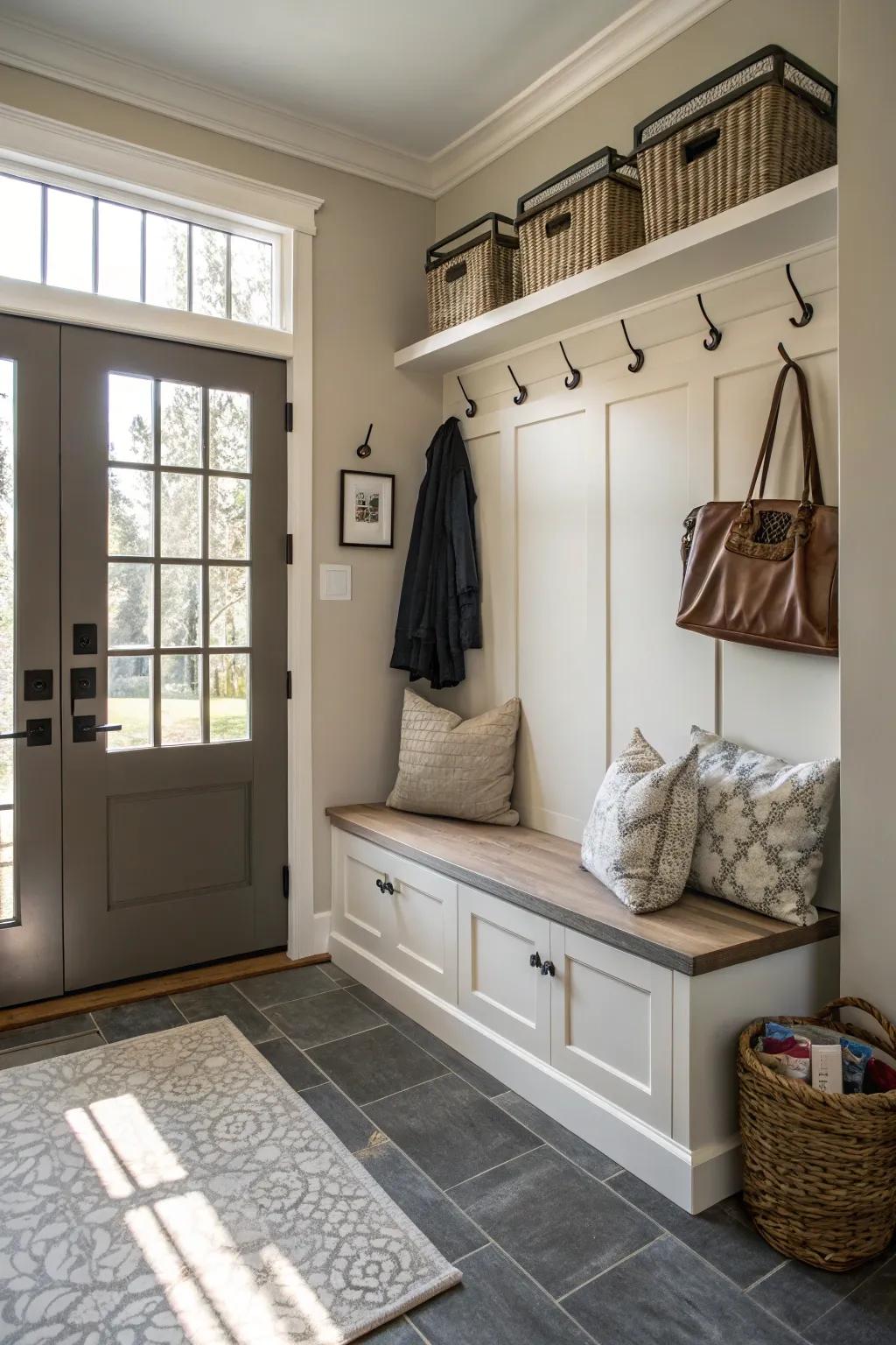 Practical seating and storing solutions enhance the foyer's use.