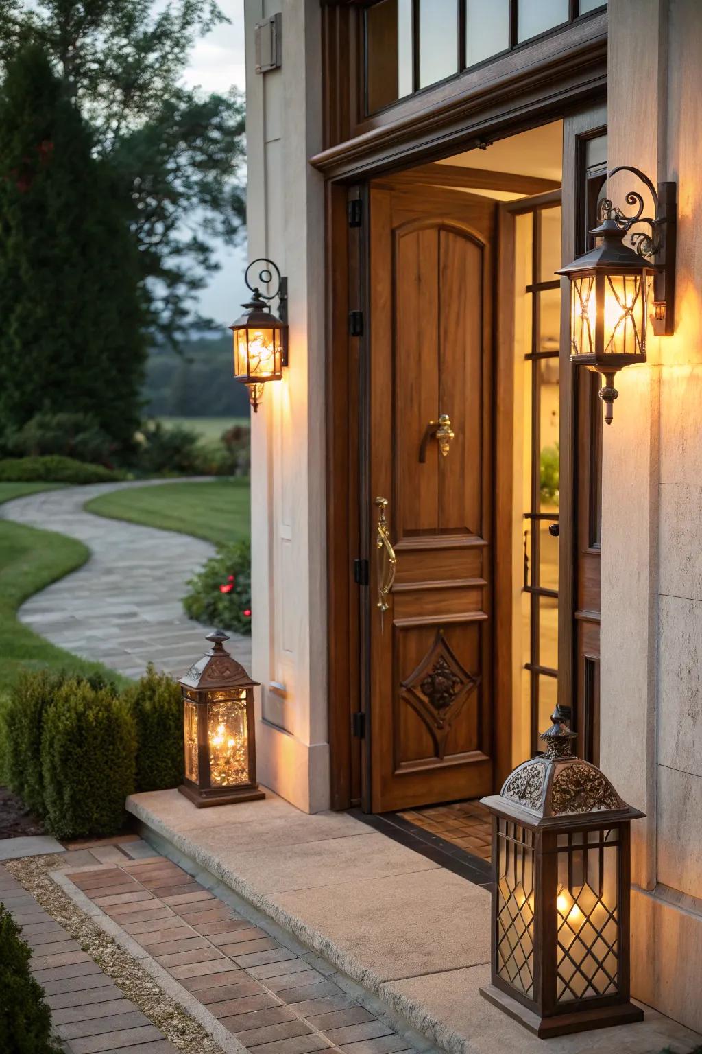 Ornamental illumination amplifies the coziness of the entryway.