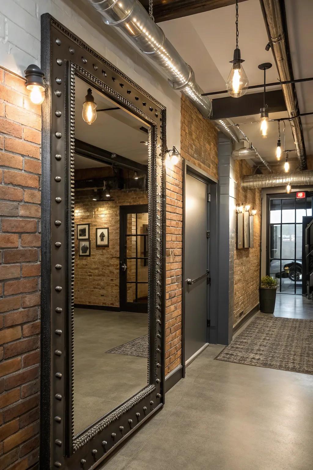 A metal-frame mirror adds modernism and urban style to the entrance.