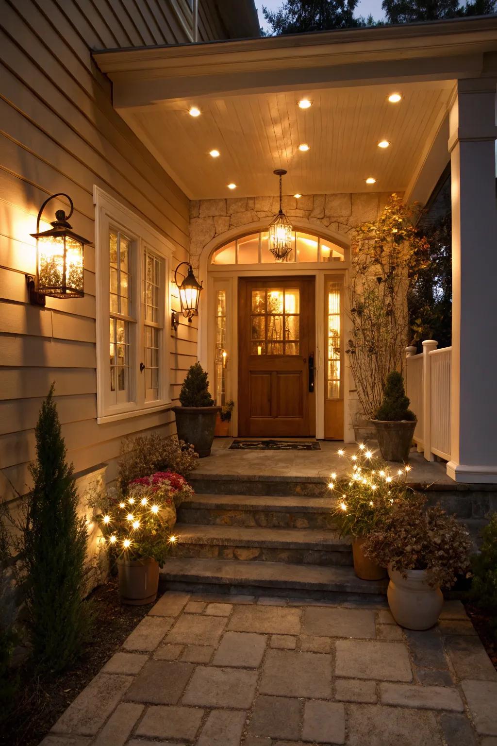 An entryway exhibits layered lighting, featuring both ambient and accent lights for an appealing sensation.