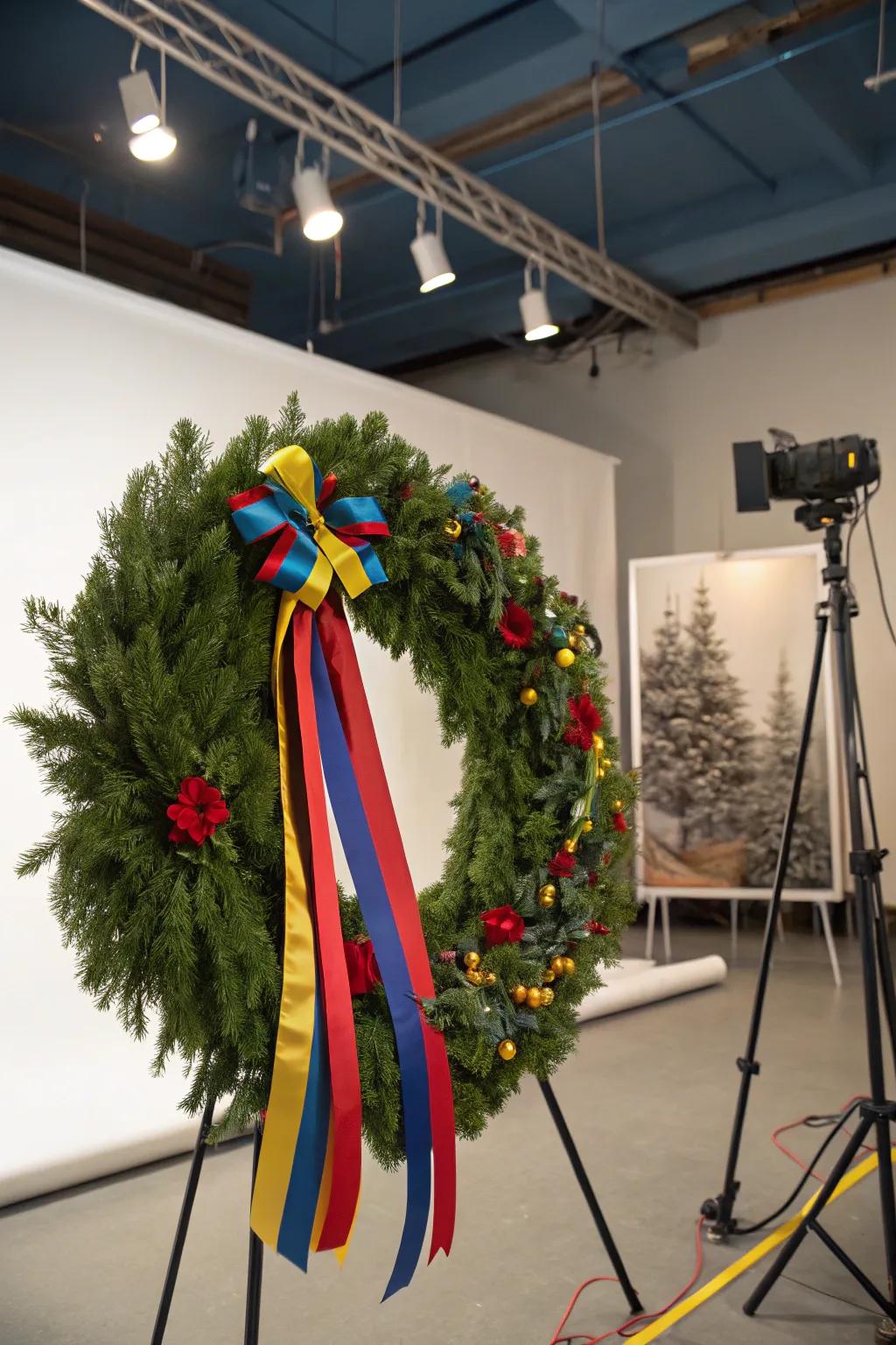 A creative cascade with colorful bands in a studio.