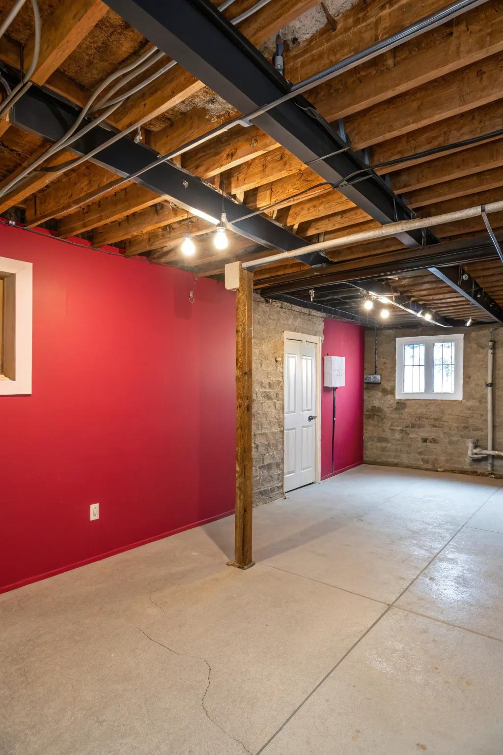 A bold accent wall adds personality and depth to a basement with an exposed ceiling.