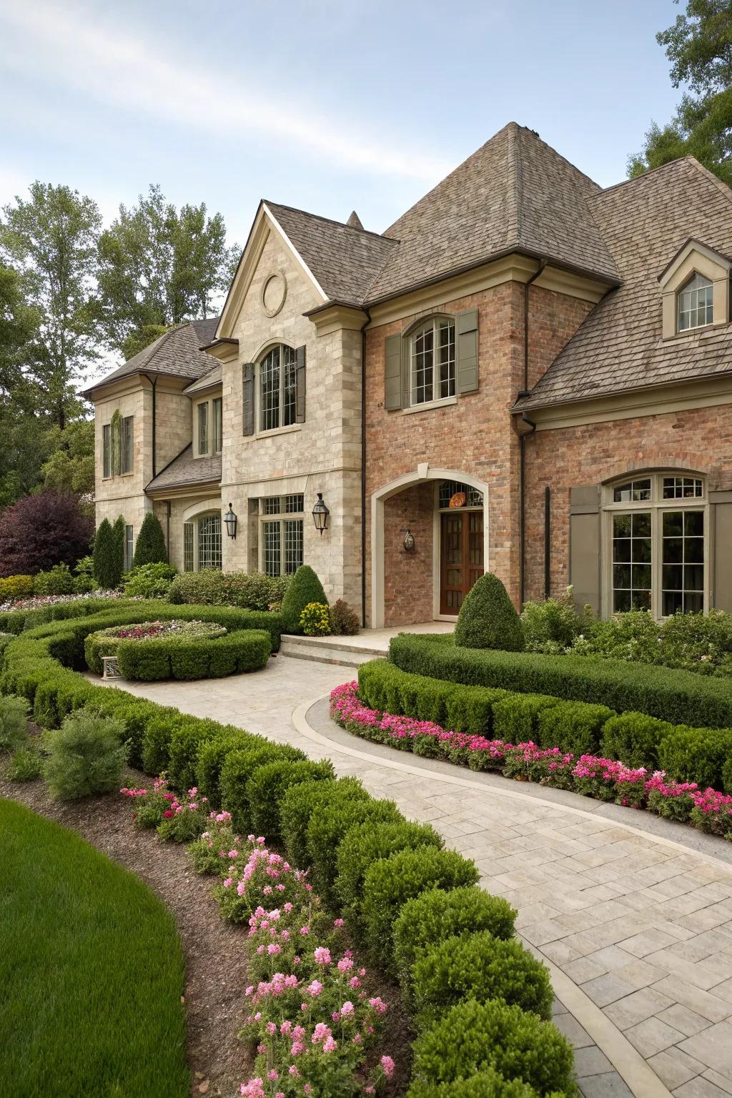 Stone highlights enhance traditional brick textures.