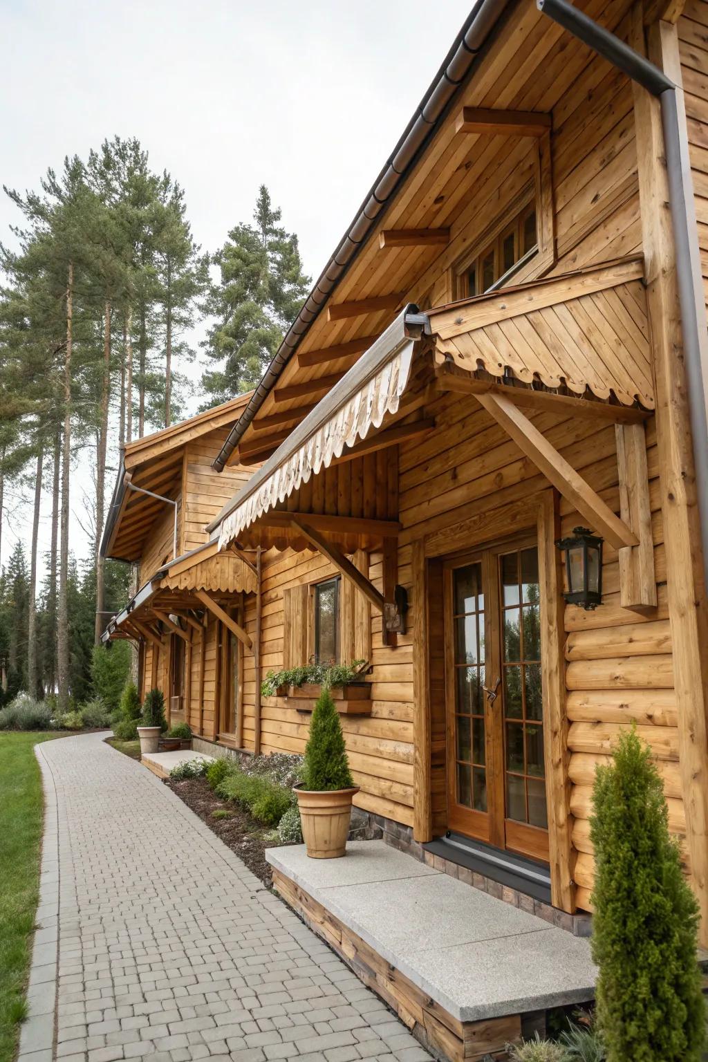 Wooden shades providing a warm, rustic appeal.