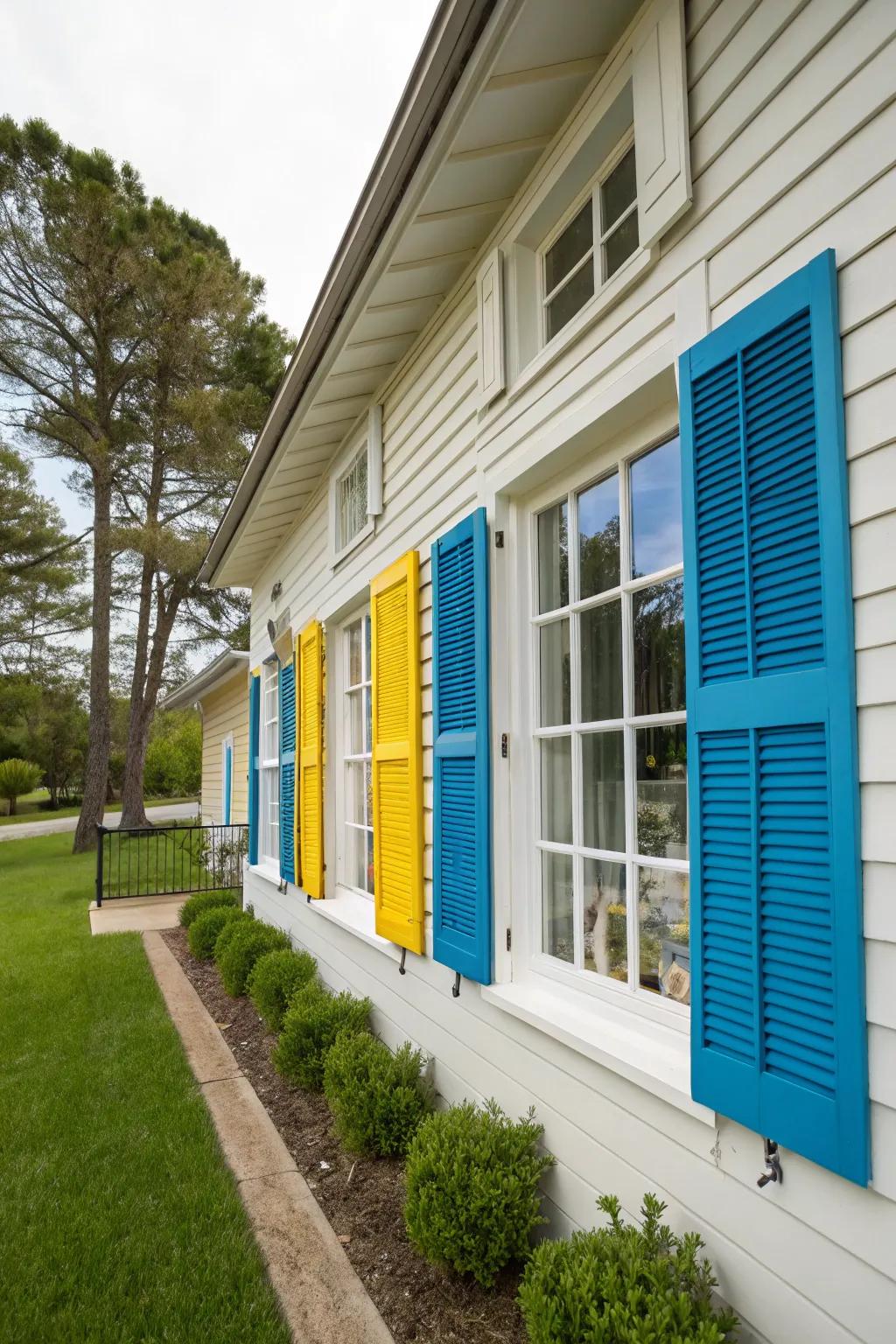 A house featuring updated windows and vibrant shutters.
