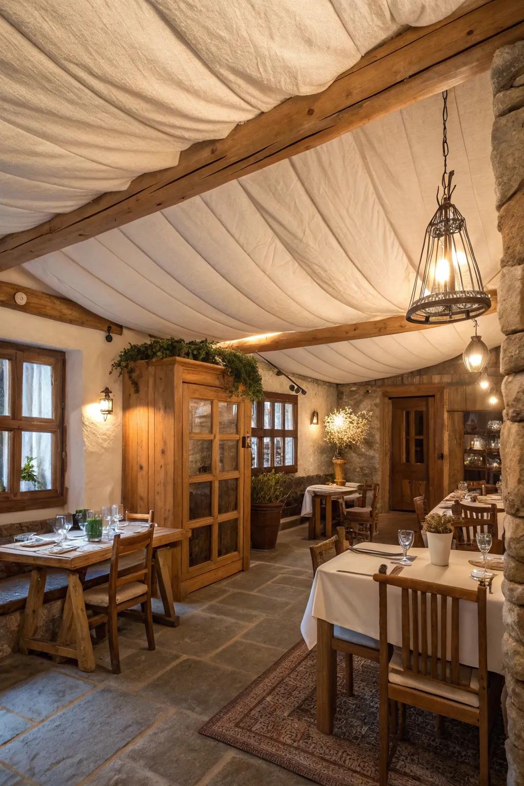 Create a country retreat using natural fabric ceilings.